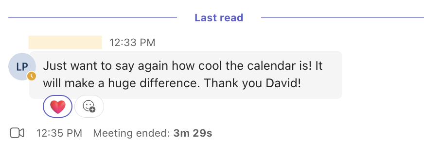 Chat message: Just want to say again how cool the calendar is! It will make a huge difference. Thank you David!