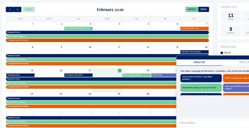 TraitLayer calendar view showing February 2026 with campaigns and the Analyze panel